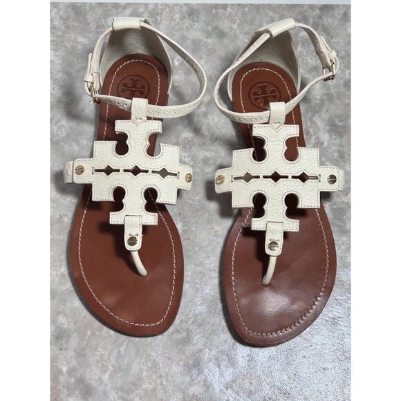 Tory Burch Shoes - Tory Burch Phoebe Logo Thong Leather Flat Sandal in Ivory - Size 9M